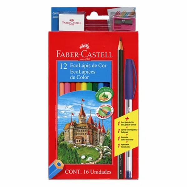 Ecolápis De Cor Faber-Castell Kit Escolar 12 Cores + Esferográfica + Ecolápis + Apontador + Borracha