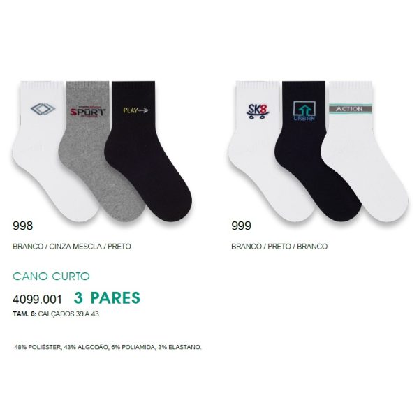 Meias Esportivas Cano Curto Masculina - Kit Com 3 Pares